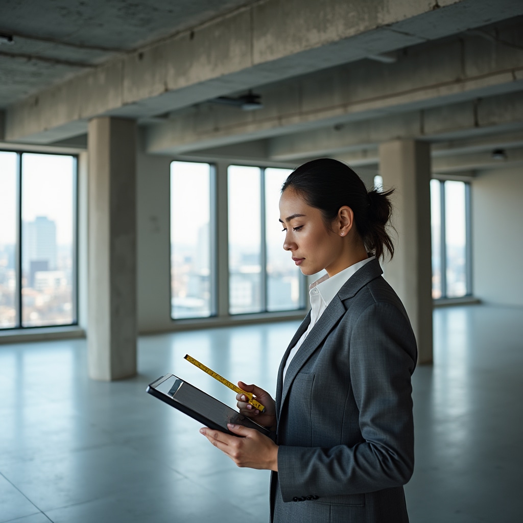 Специалист проводит оценку офисного пространства с планшетом